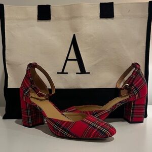 J. Crew Red Tartan Block Heel Shoes Size 9